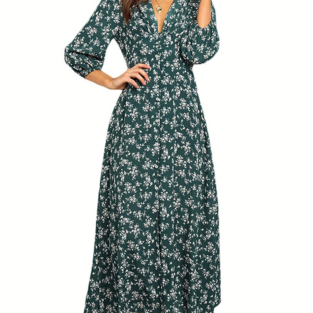 Women 3/4 Sleeve Maxi Dress Button-Down Floral Print Dress V-Neck Casual High Waist Boho Dress