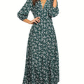 Women 3/4 Sleeve Maxi Dress Button-Down Floral Print Dress V-Neck Casual High Waist Boho Dress