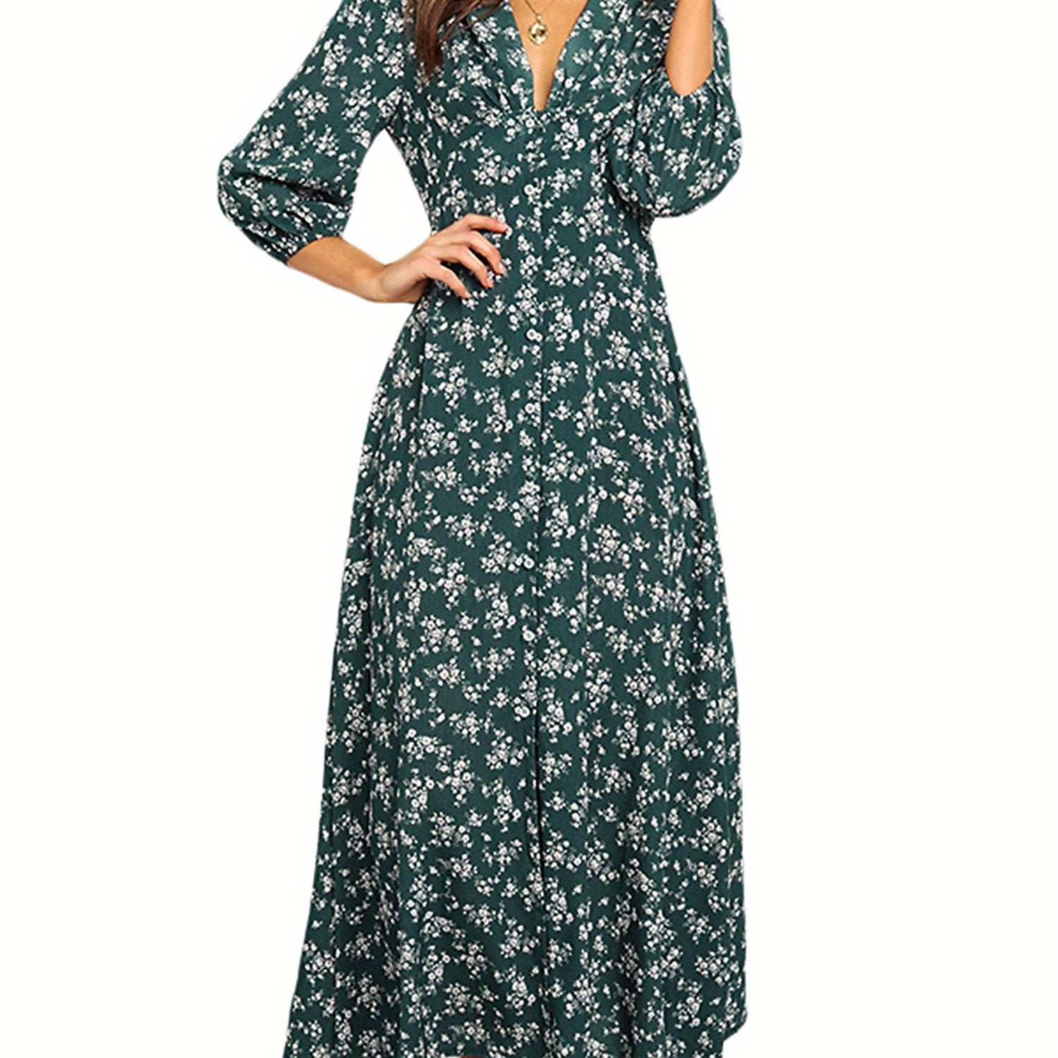 Women 3/4 Sleeve Maxi Dress Button-Down Floral Print Dress V-Neck Casual High Waist Boho Dress