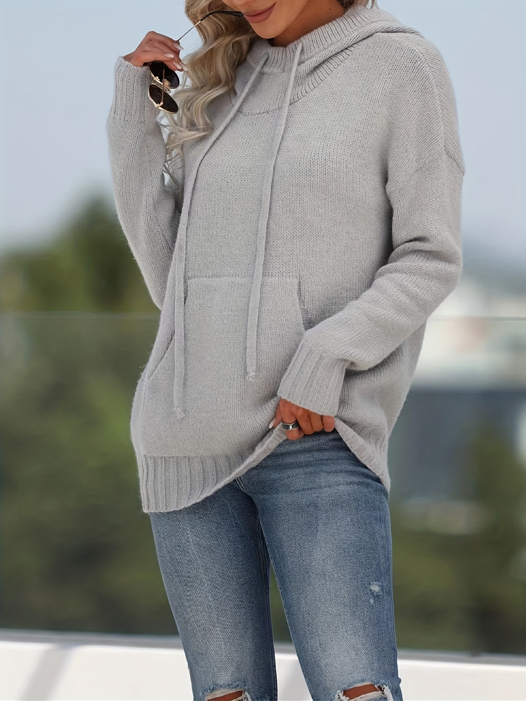 Plus Size Kangaroo Pocket Knitted Sweater, Casual Hooded Long Sleeve Sweater For Fall & Winter, Women's Plus Size Clothing