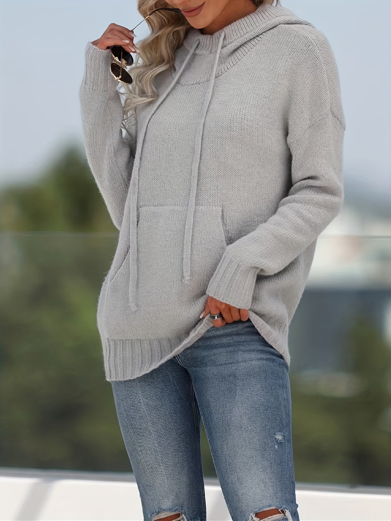 Plus Size Kangaroo Pocket Knitted Sweater, Casual Hooded Long Sleeve Sweater For Fall & Winter, Women's Plus Size Clothing