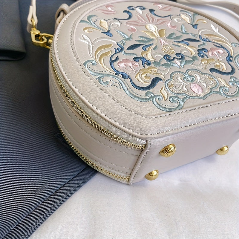 Elegant Floral Embroidered Crossbody Bag - Chic Faux Leather Shoulder Purse with Golden-Tone Hardware, Zip Closure, and Polyester Lining - Handwash/Dry Clean, Multicolor