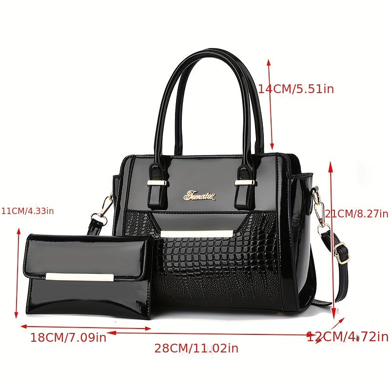 Classic Solid Color Crocodile Pattern Handbag with Clutch Purse, Textured Bags for Wo