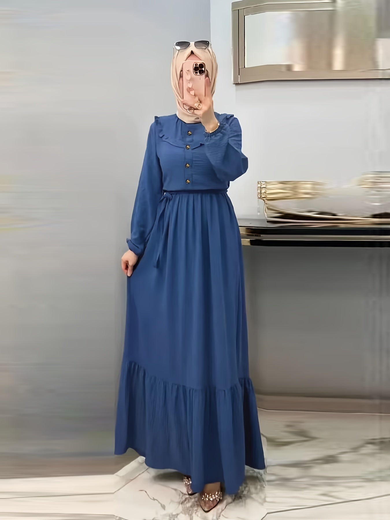 Modest Elegance, Elegant Solid Color Maxi Dress for Women - Casual Long Sleeve with Button Detail, Non-Stretch Polyester Blend, Machine Washable - Perfect for All Seasons