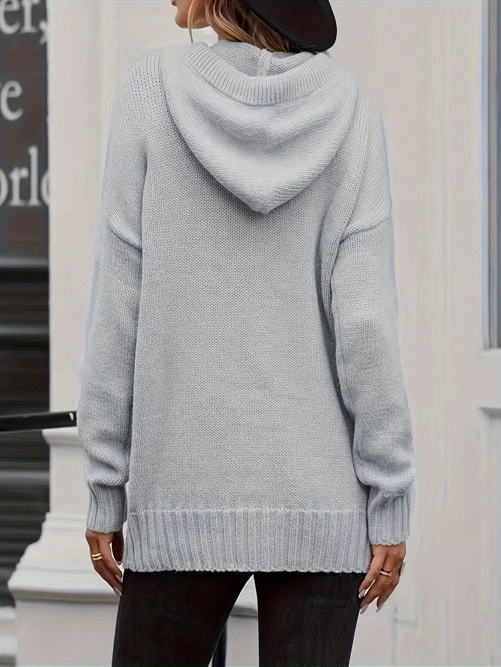 Plus Size Kangaroo Pocket Knitted Sweater, Casual Hooded Long Sleeve Sweater For Fall & Winter, Women's Plus Size Clothing