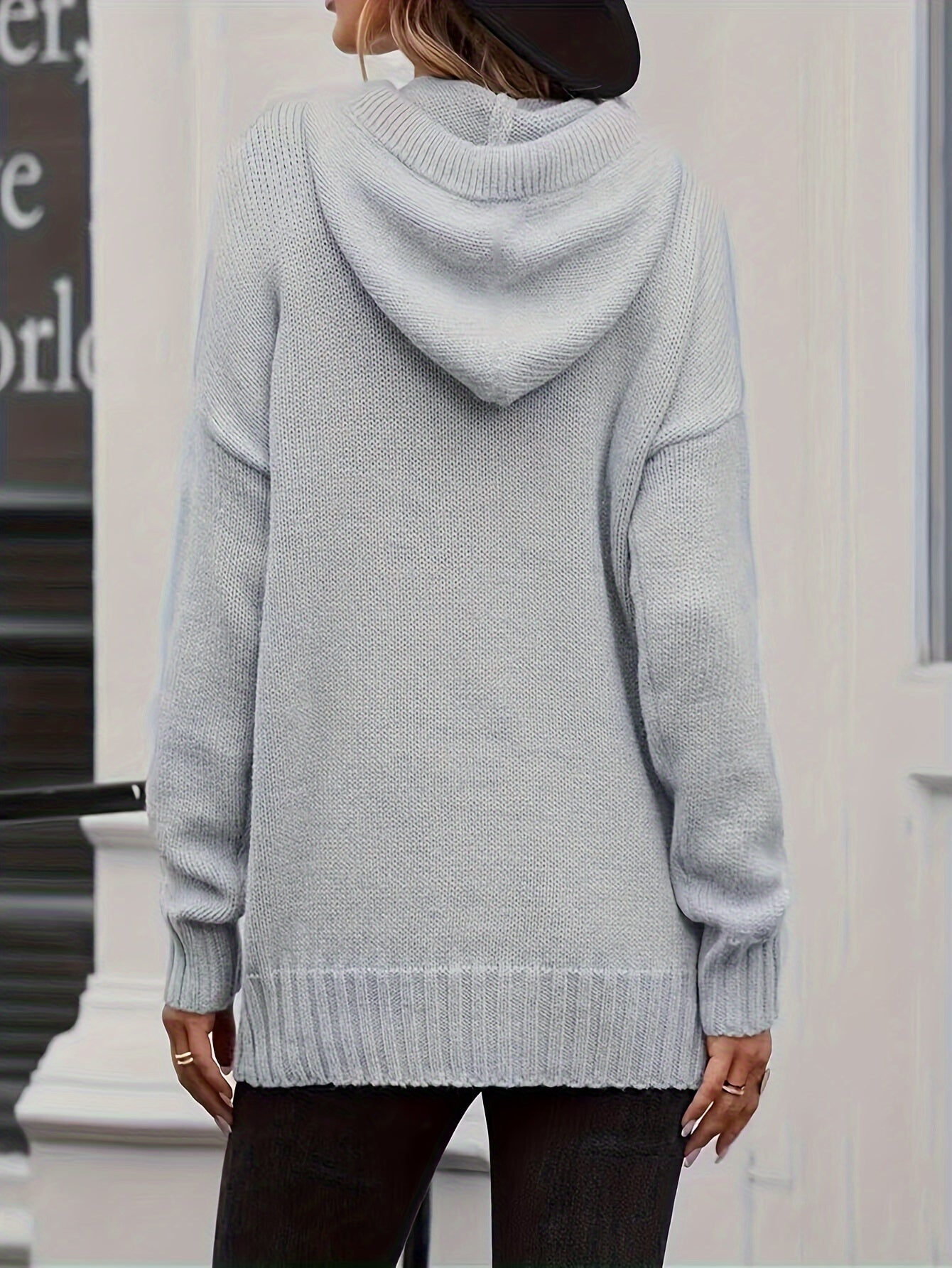 Plus Size Kangaroo Pocket Knitted Sweater, Casual Hooded Long Sleeve Sweater For Fall & Winter, Women's Plus Size Clothing