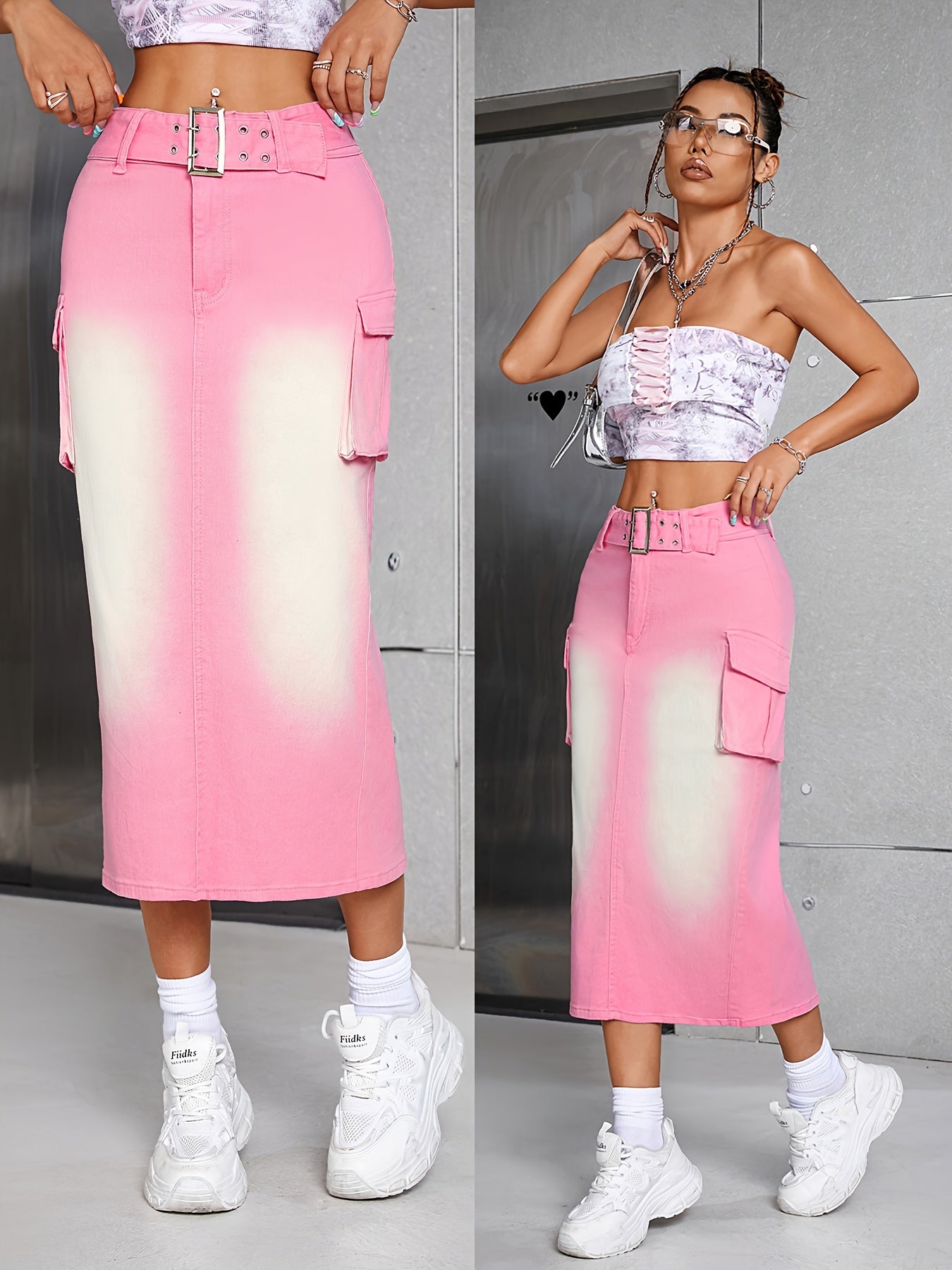 Washed Pinkish Pastel Color Adjustable Belt Side Flap Pocket Cargo Midi Denim Skirt, Women's Denim Jeans & Clothing