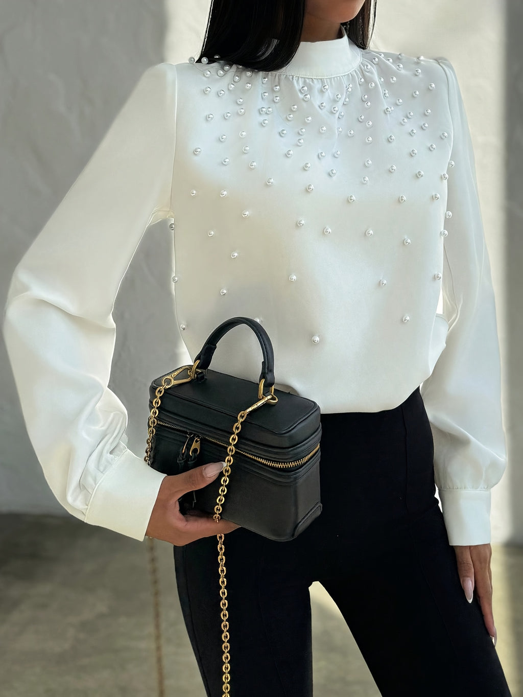 Women's Elegant -Adorned Collar Blouse - Long Sleeve White Shirt with Bead Button Front, Structured Stand Collar & Machine Washable Jacket-like Top for Weddings, Office, Parties (Spring/Fall) - Non-Stretch Adult Clothing, Blo