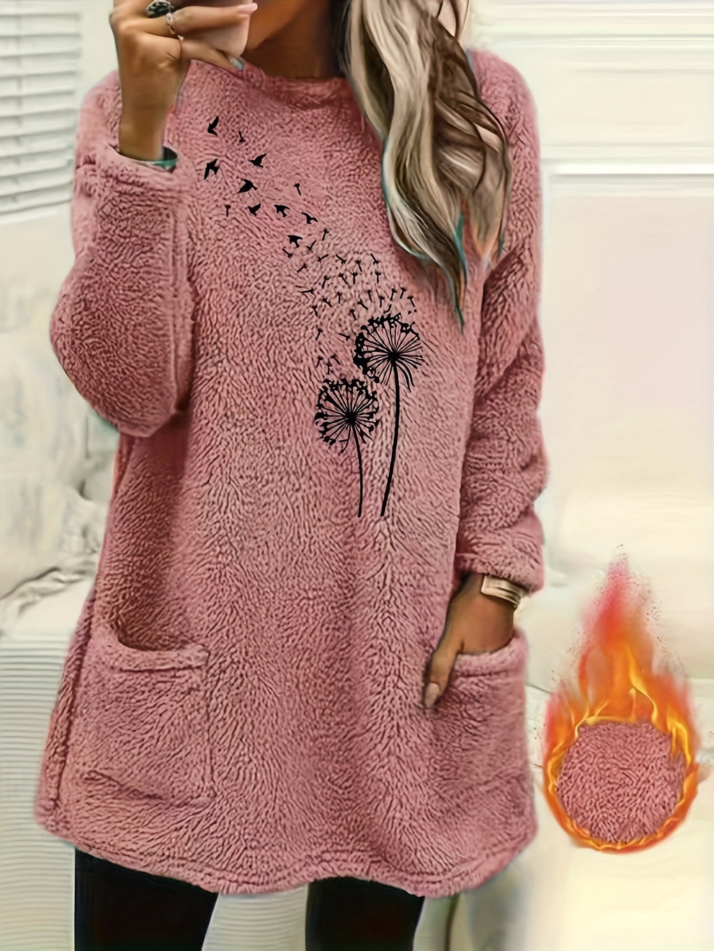 Women'S Cozy Fleece-Lined Long Sleeve Pullover Sweatshirt with Dandelion Print - Soft, Stretchy, and Casual Fall/Winter Wear, Orange, Round Neck, Regular Fit, Casual Wear|Dandelion Print Top|Stretchy Fabric, Women Jumper And