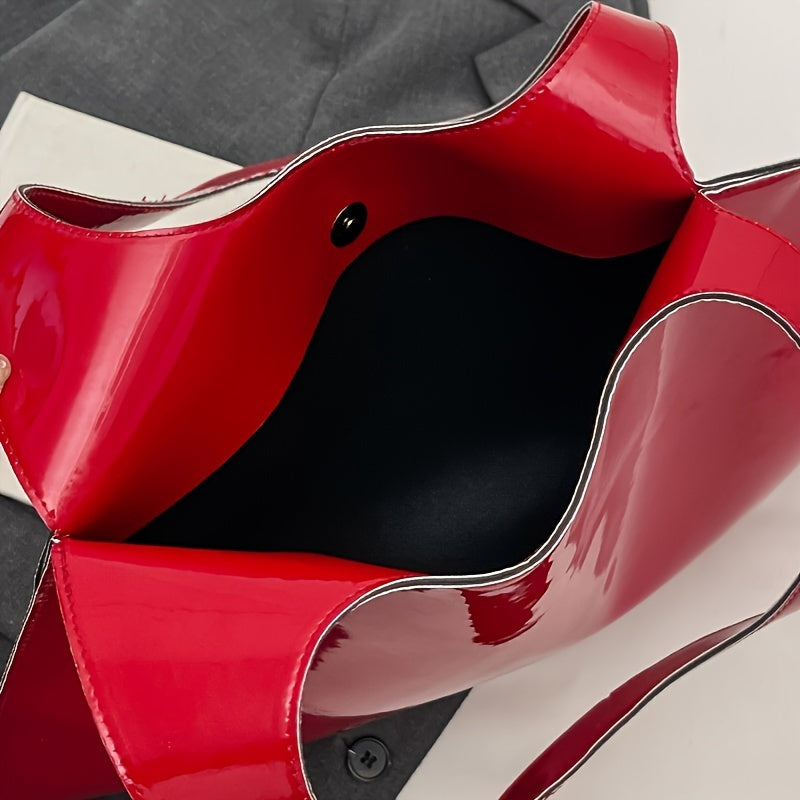 Fashionable Heart-Shaped Glossy PU Shoulder and Tote Bags for Women, Versatile for Travel, Shopping, and Everyday Use, Solid Color with Polyester Lining, Secure Buckle Closure