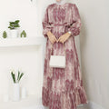 Elegant Floral Print Maxi Dress with Tie Waist - Crew Neck, Long Sleeve, Machine Washable - Perfect for All Seasons