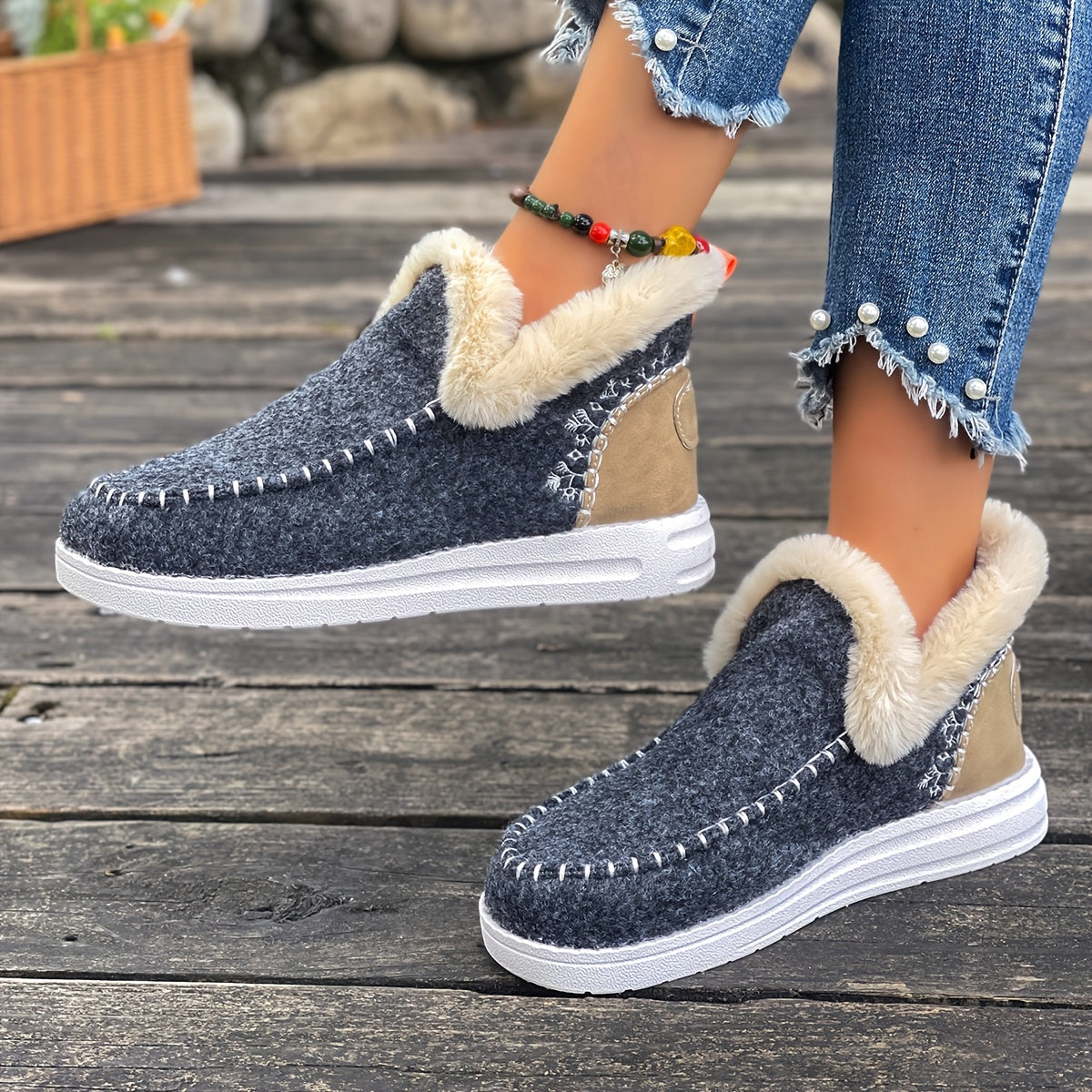 Women'S  Cozy Plush Slip-On Snow Boots with Soft Rubber Sole - Lightweight Warm Winter Boots with Cushioned Insole, Round Toe & Arch Support, Casual Outdoor Shoes for Cold Weather, Black & Brown (Canvas Lining) - Ide