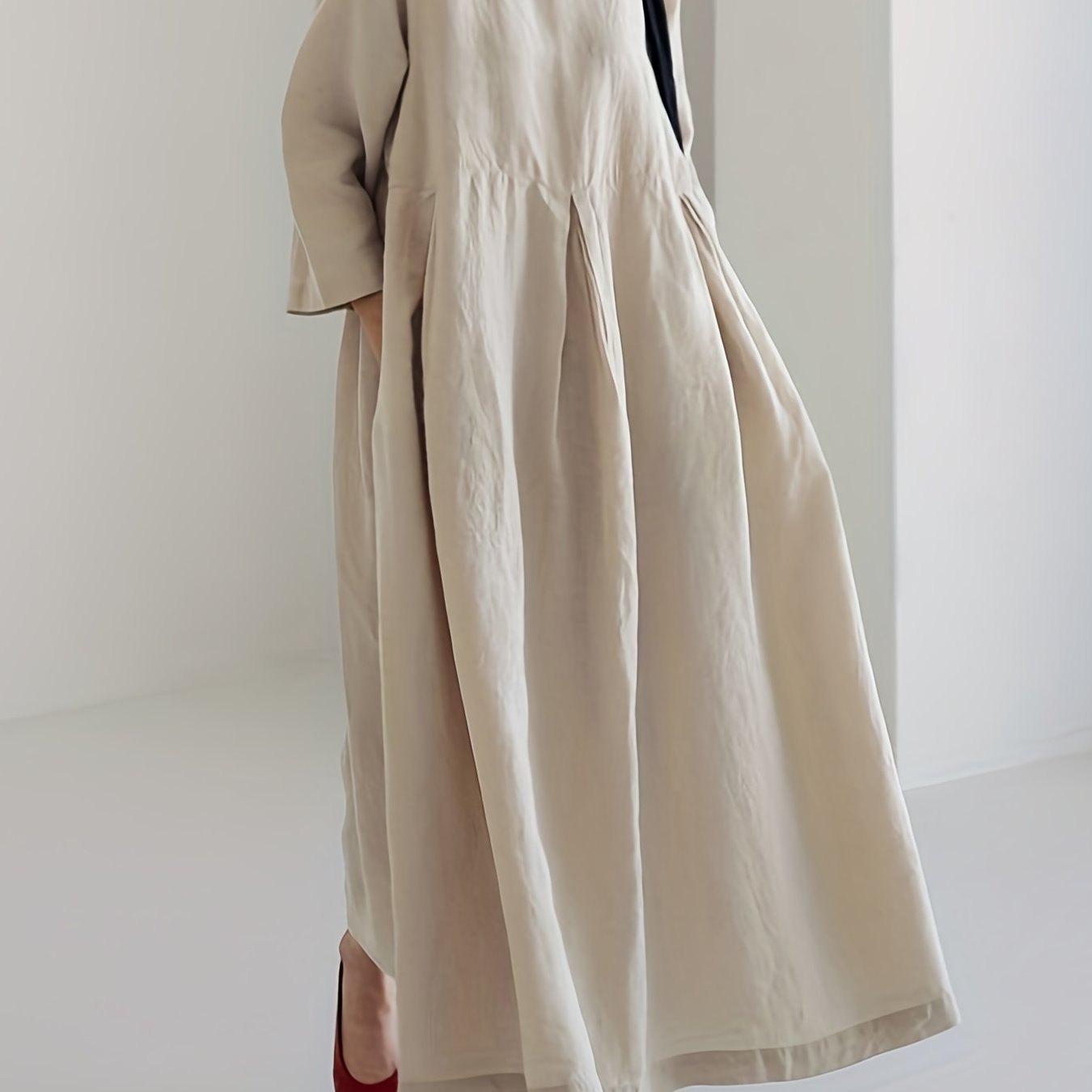 Chic Solid Maxi Dress with Pleated Hem - Flattering 3/4 Sleeves & Loose Fit - Perfect for Spring & Fall - Womens Casual Crew Neck Dress