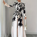 Elegant Floral Print Long Sleeve Dress with Stand Collar and Waist Detail, Polyester A-Line Maxi Dress, with Lantern Sleeves and Ruffle Hem, for Spring/Fall