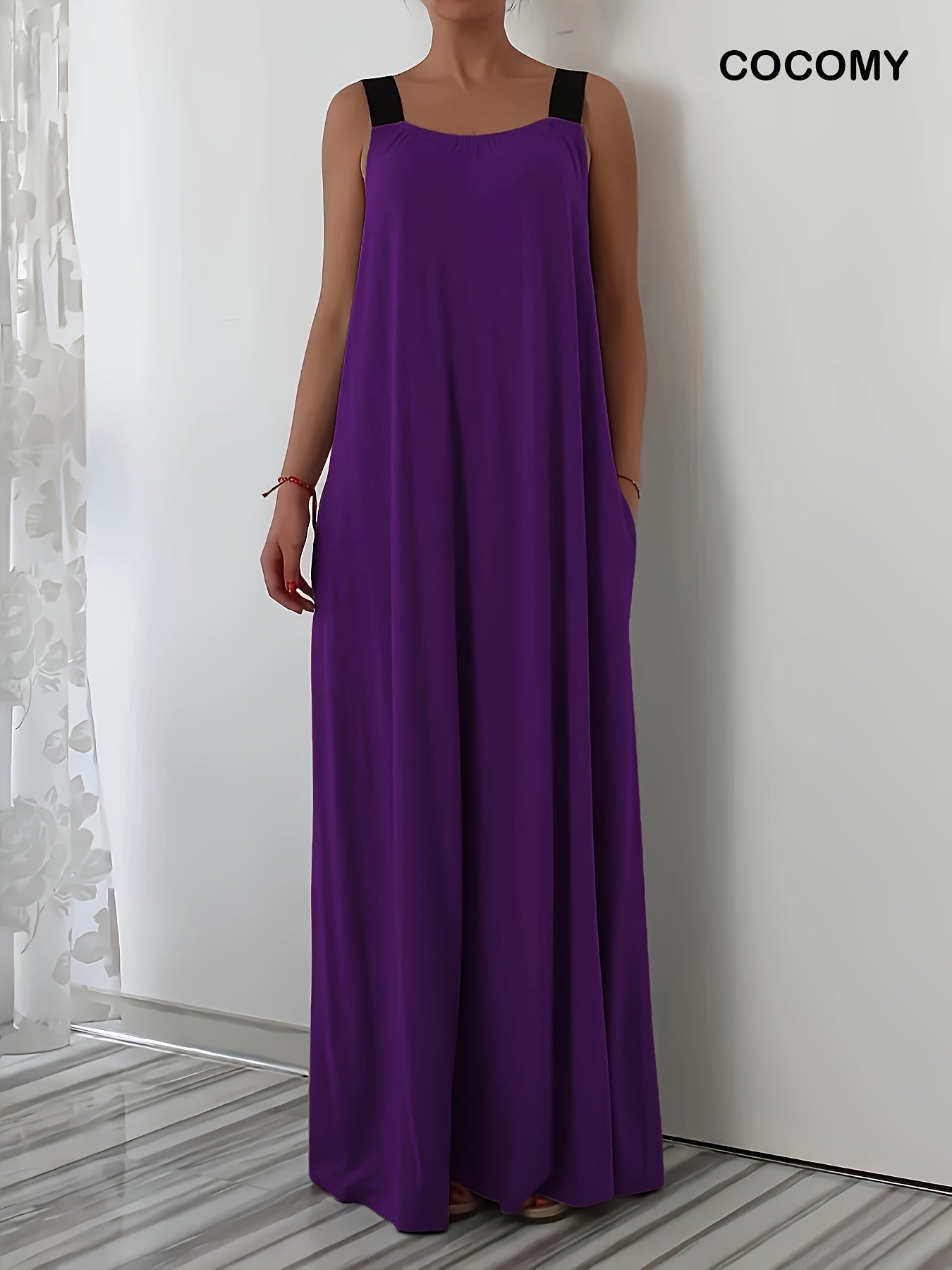 Plus Size Sleeveless Red Maxi Dress with Pockets - Elegant Square Neck, Loose Fit, Lightweight Fabric for Spring/Summer, Casual Weekend Attire, Casual Attire|Square Neckline|Stretchy Fabric