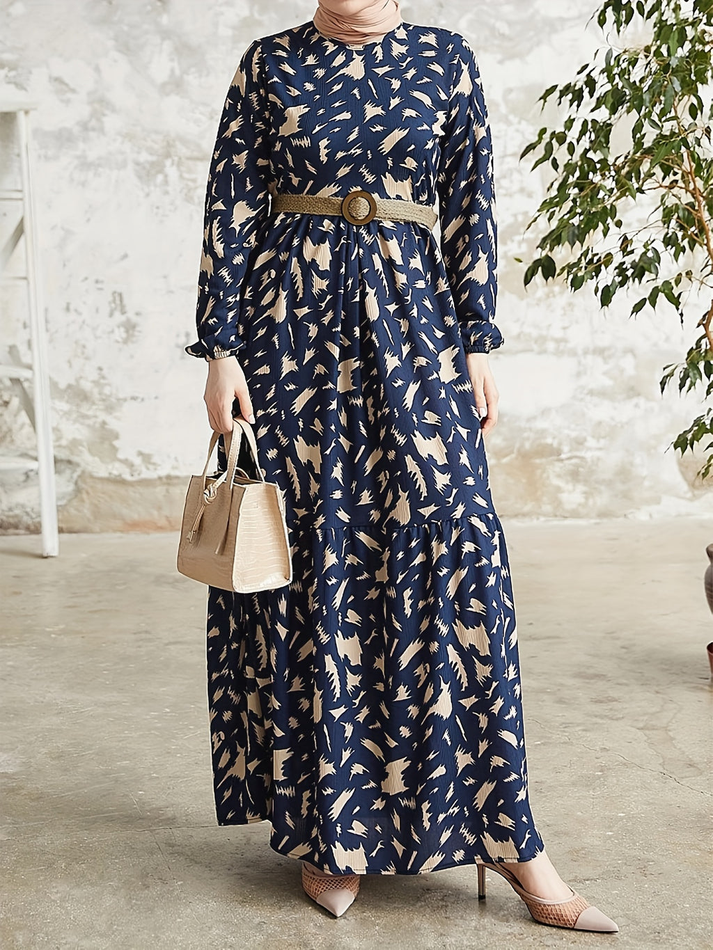 Vibrant Color Block Maxi Dress - Elastic Polyester Crew Neck Modest Dress with Belt, Machine Washable, Random Print, Woven Fabric, Perfect for Spring & Fall, Middle East Style Womens Clothing