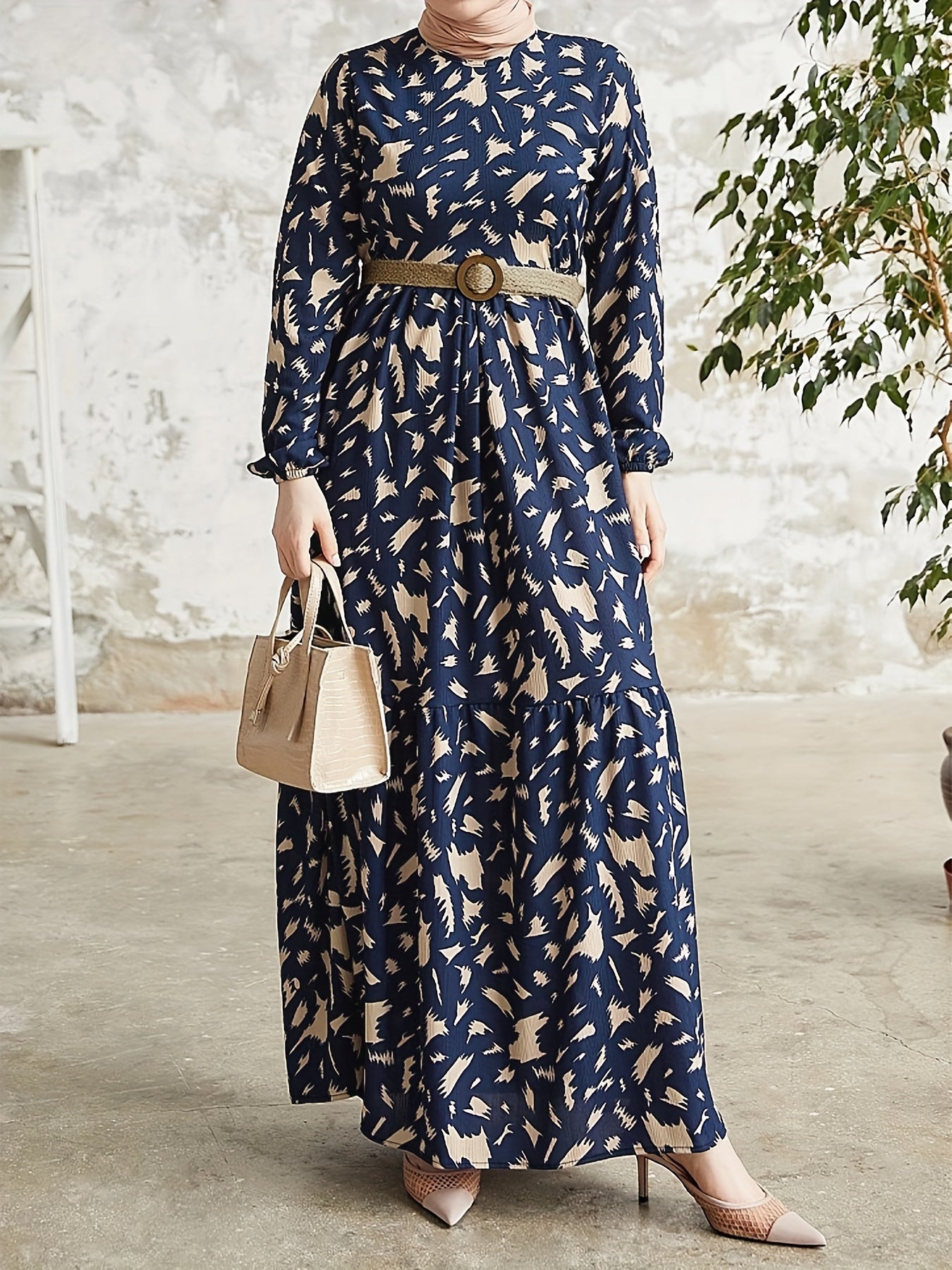 Vibrant Color Block Maxi Dress - Elastic Polyester Crew Neck Modest Dress with Belt, Machine Washable, Random Print, Woven Fabric, Perfect for Spring & Fall, Middle East Style Womens Clothing