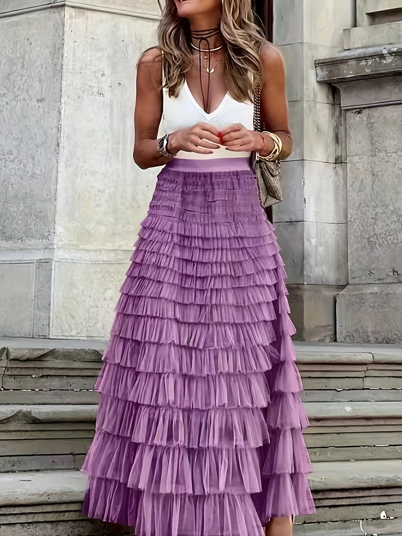 Mesh Layered Hem Skirt, Boho High Waist Skirt, Women's Clothing