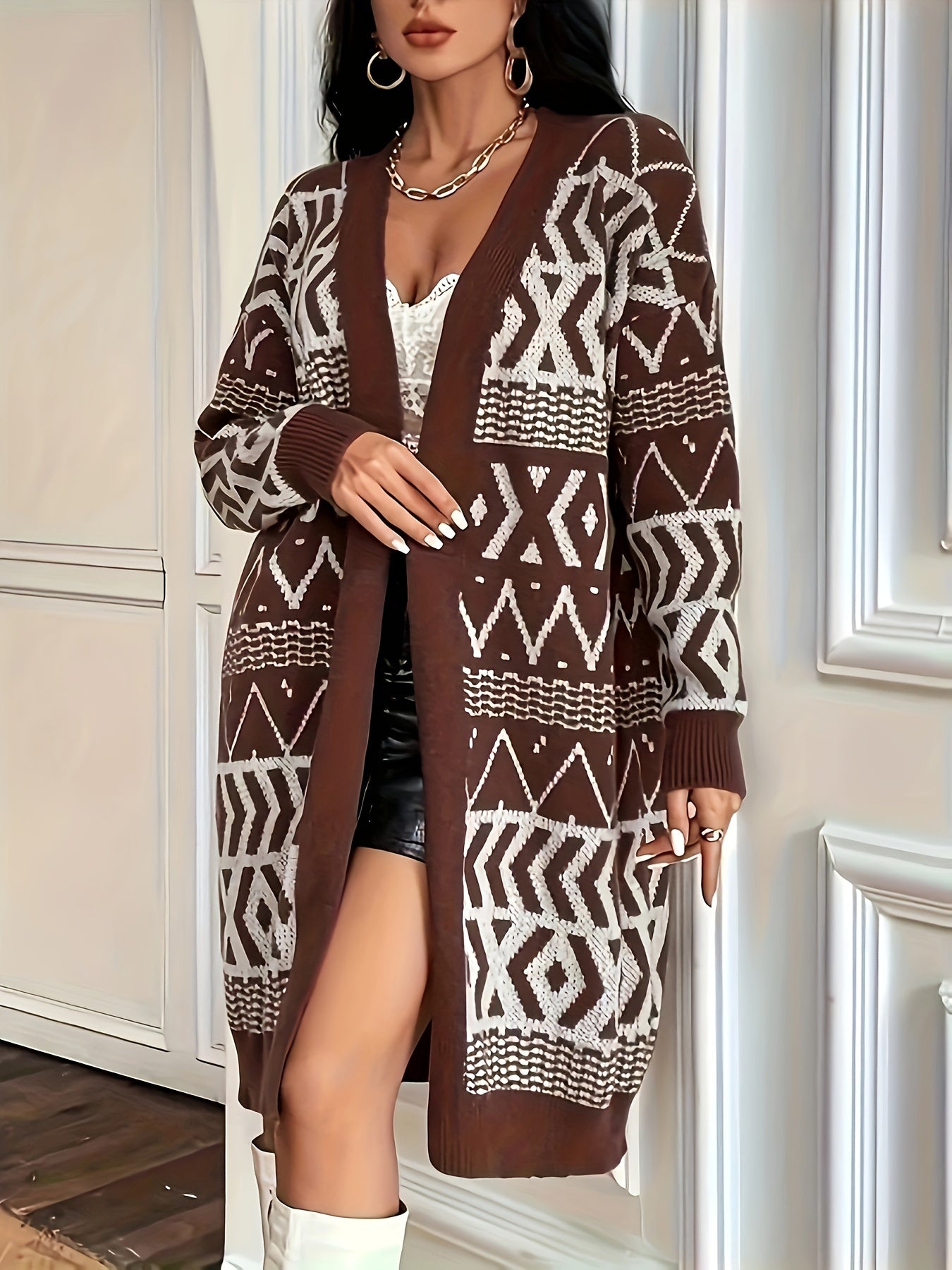 Plus Size Geo Print Open Front Cardigan, Casual Long Sleeve Cardigan For Fall & Winter, Women's Plus Size Clothing