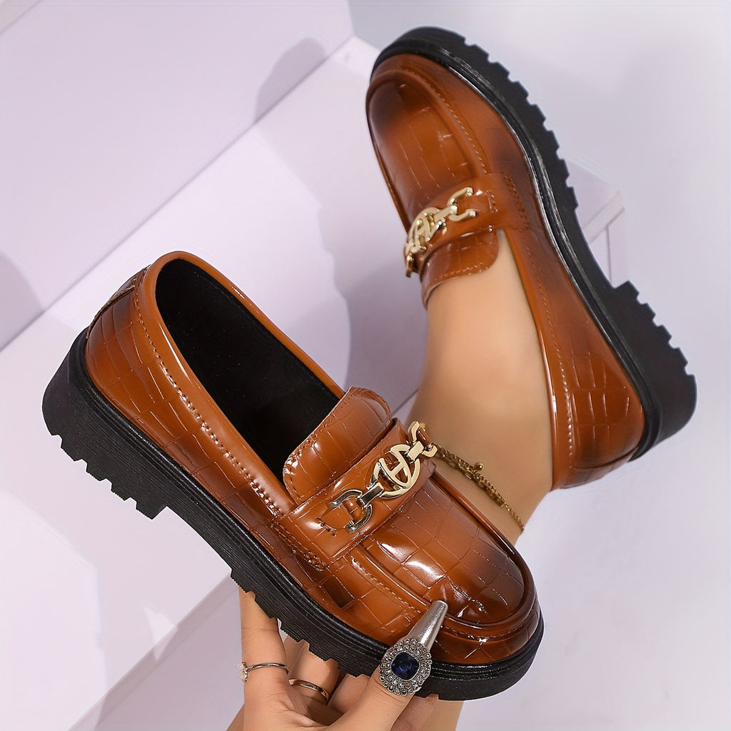 Women'S Slip-On Loafers with Thick Cushioned Sole - Soft Rubber Outsole, Round Toe & Geometric Buckle Detail, Synthetic Cover Upper, All-Season Comfort for Casual & Formal Wear, Ladies Shoes, Flat Shoes For Women, Loafers For
