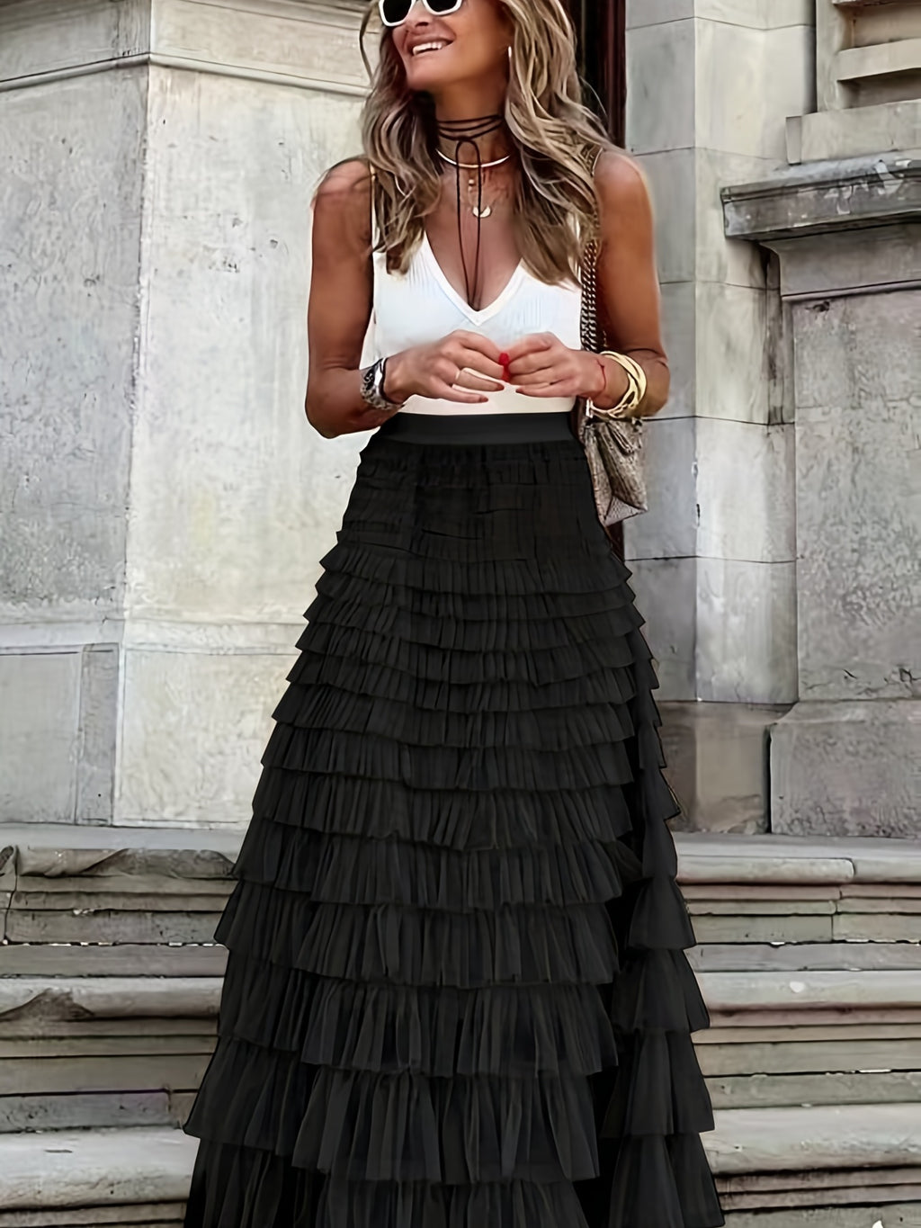 Mesh Layered Hem Skirt, Boho High Waist Skirt, Women's Clothing