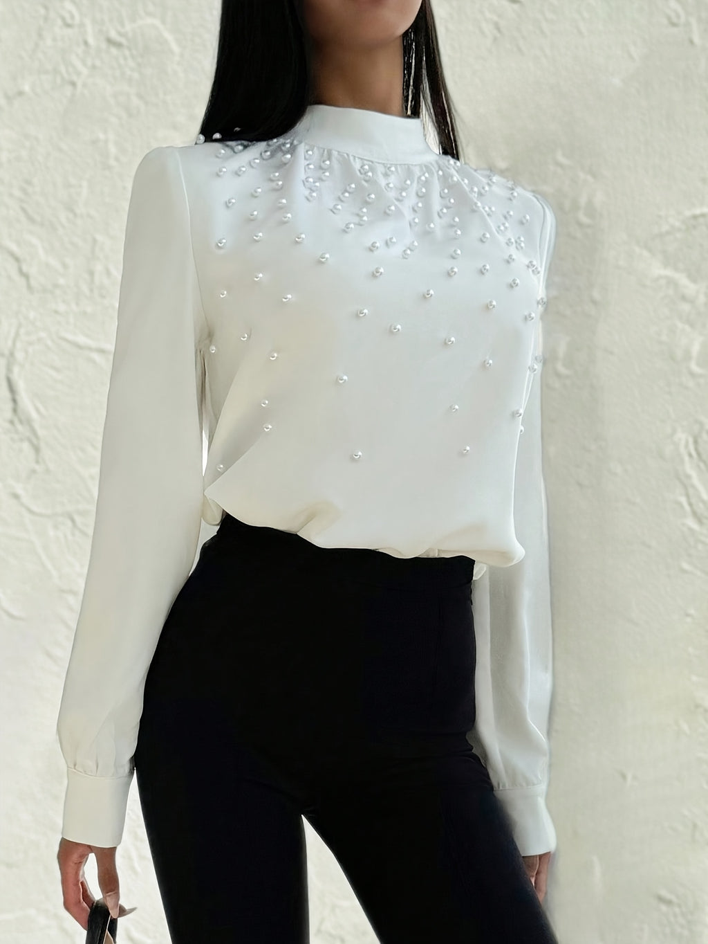 Women's Elegant -Adorned Collar Blouse - Long Sleeve White Shirt with Bead Button Front, Structured Stand Collar & Machine Washable Jacket-like Top for Weddings, Office, Parties (Spring/Fall) - Non-Stretch Adult Clothing, Blo