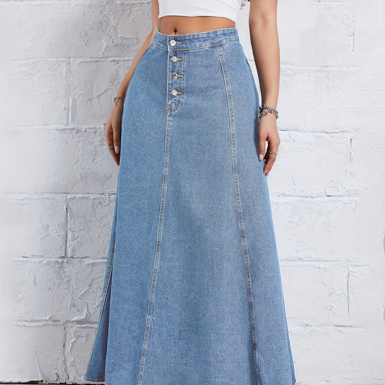 Plain Washed Blue Denim Skirt, Elegant High Rise Maxi Denim Skirt, Women's Denim Jeans & Clothing