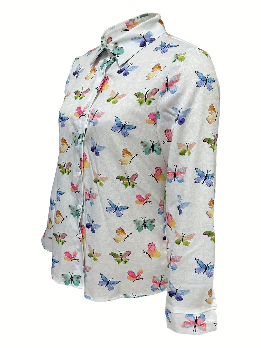 Plus Size Butterfly Print Shirt, Casual Long Sleeve Button Front Shirt For Spring, Women's Plus Size Clothing