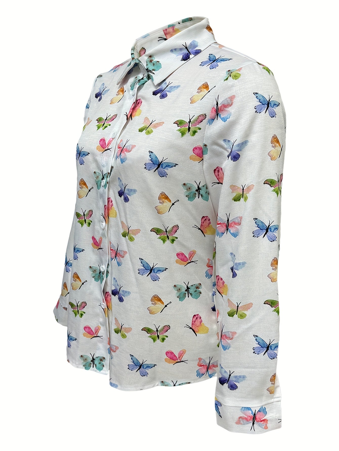 Plus Size Butterfly Print Shirt, Casual Long Sleeve Button Front Shirt For Spring, Women's Plus Size Clothing