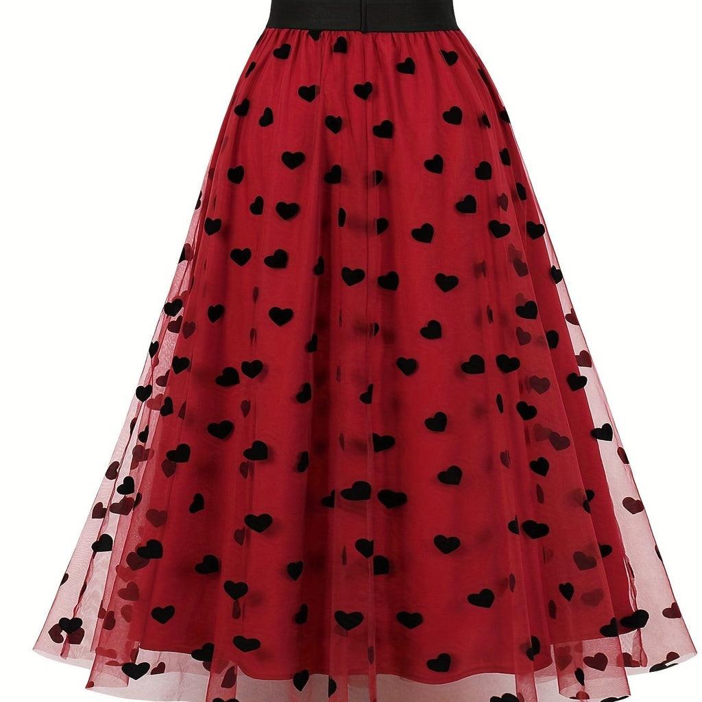 Cross-Border Vintage Midi Skirt, Puffy High-Waisted Skirt with Heart-Shaped Tulle, Printed Half Skirt 3295