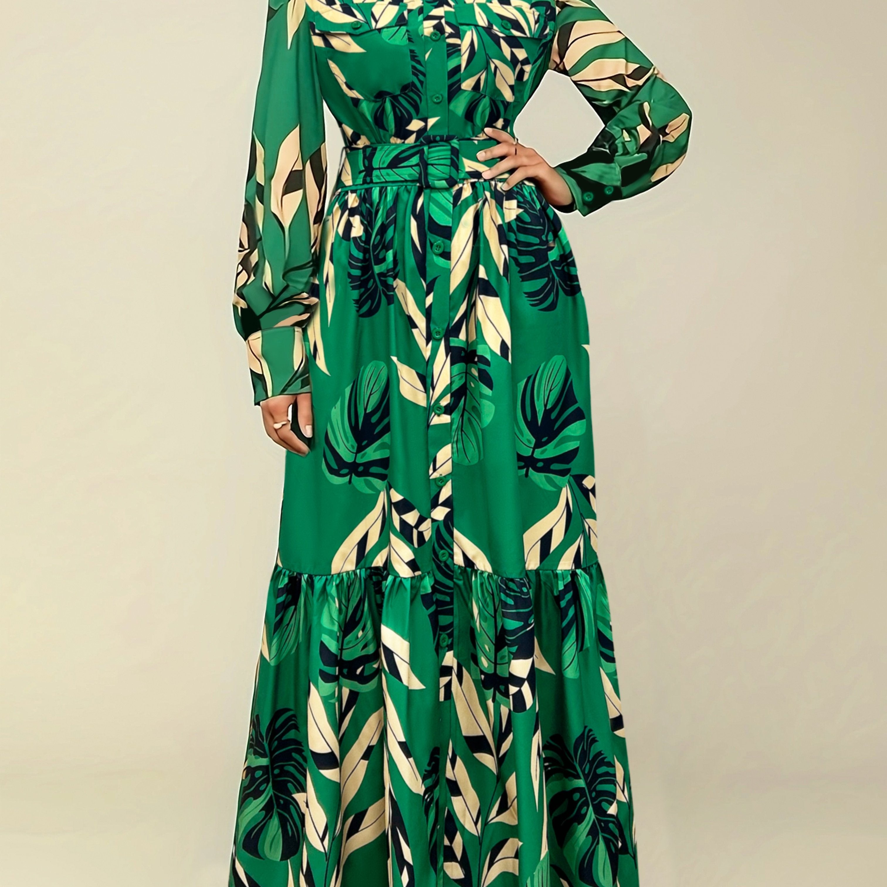 Stylish Pendulum Maxi Dress - Elegant Lapel Neck, Belted, Long Sleeve, Random Print Polyester Dress for Spring & Fall - Customized, Woven, No Elasticity, Sheer-Free