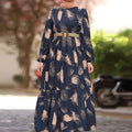 Ramadan All Over Print Crew Neck Kaftan, Casual Long Sleeve Maxi Dress, Women's Clothing