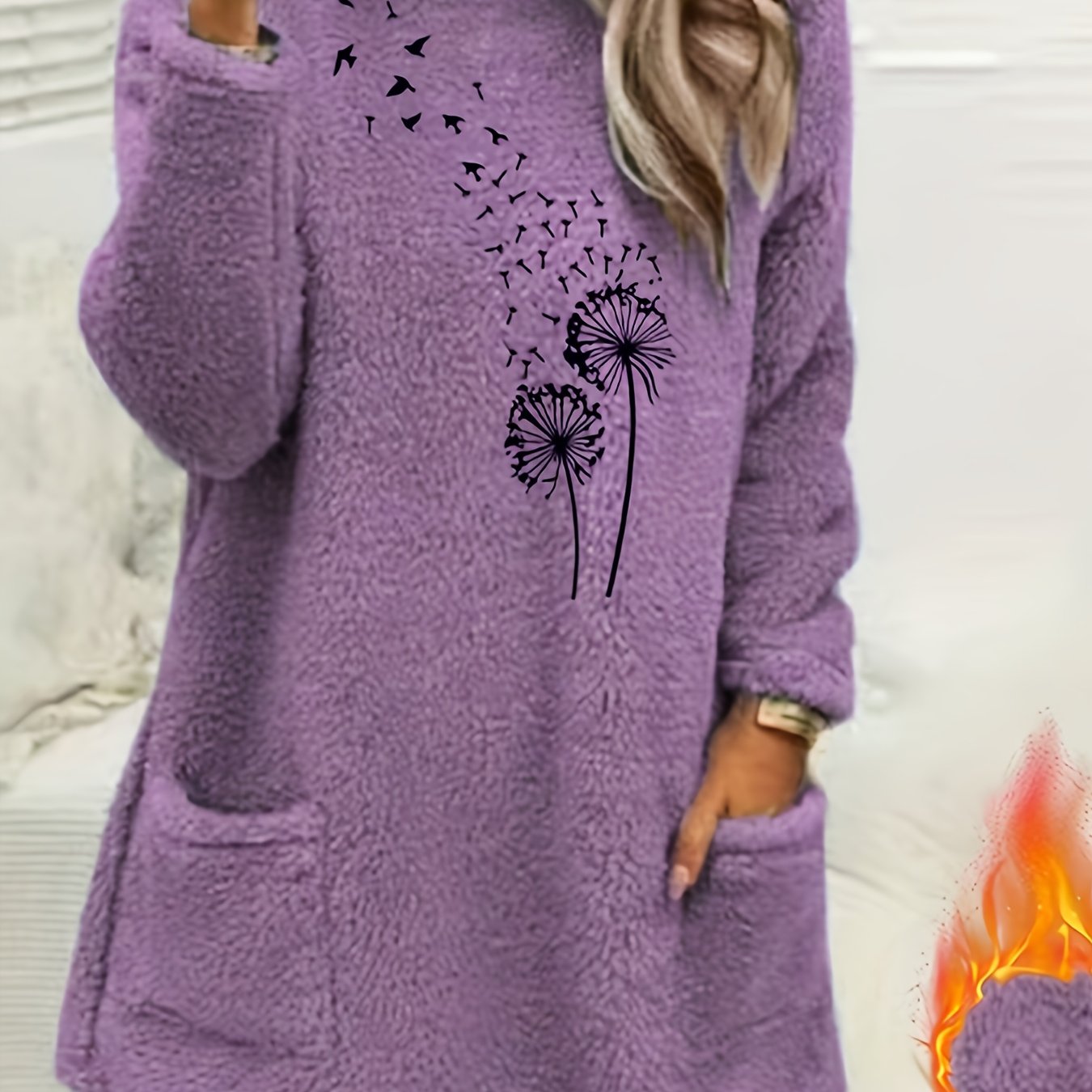 Women'S Cozy Fleece-Lined Long Sleeve Pullover Sweatshirt with Dandelion Print - Soft, Stretchy, and Casual Fall/Winter Wear, Orange, Round Neck, Regular Fit, Casual Wear|Dandelion Print Top|Stretchy Fabric, Women Jumper And