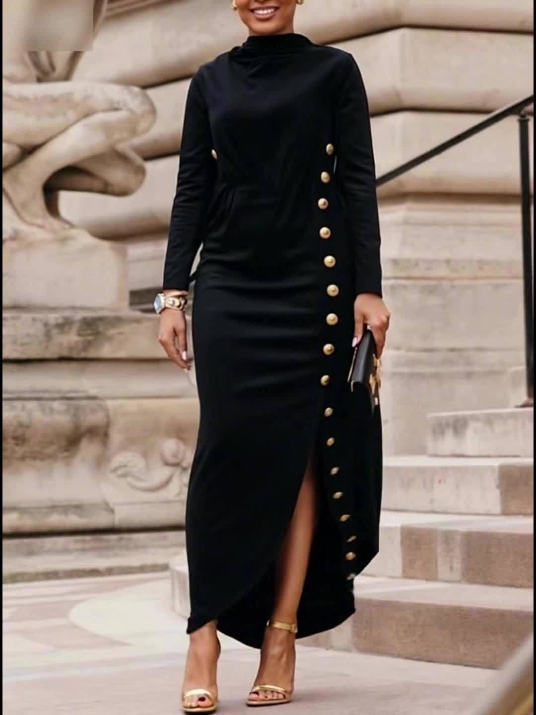 Women's Casual Long Sleeve Loose Maxi Dress - Viscose Smooth Fabric, 260g/m² Micro Elasticity | Asymmetric Buttoned Split-Joint Design | High Neck & Split-Side Detail