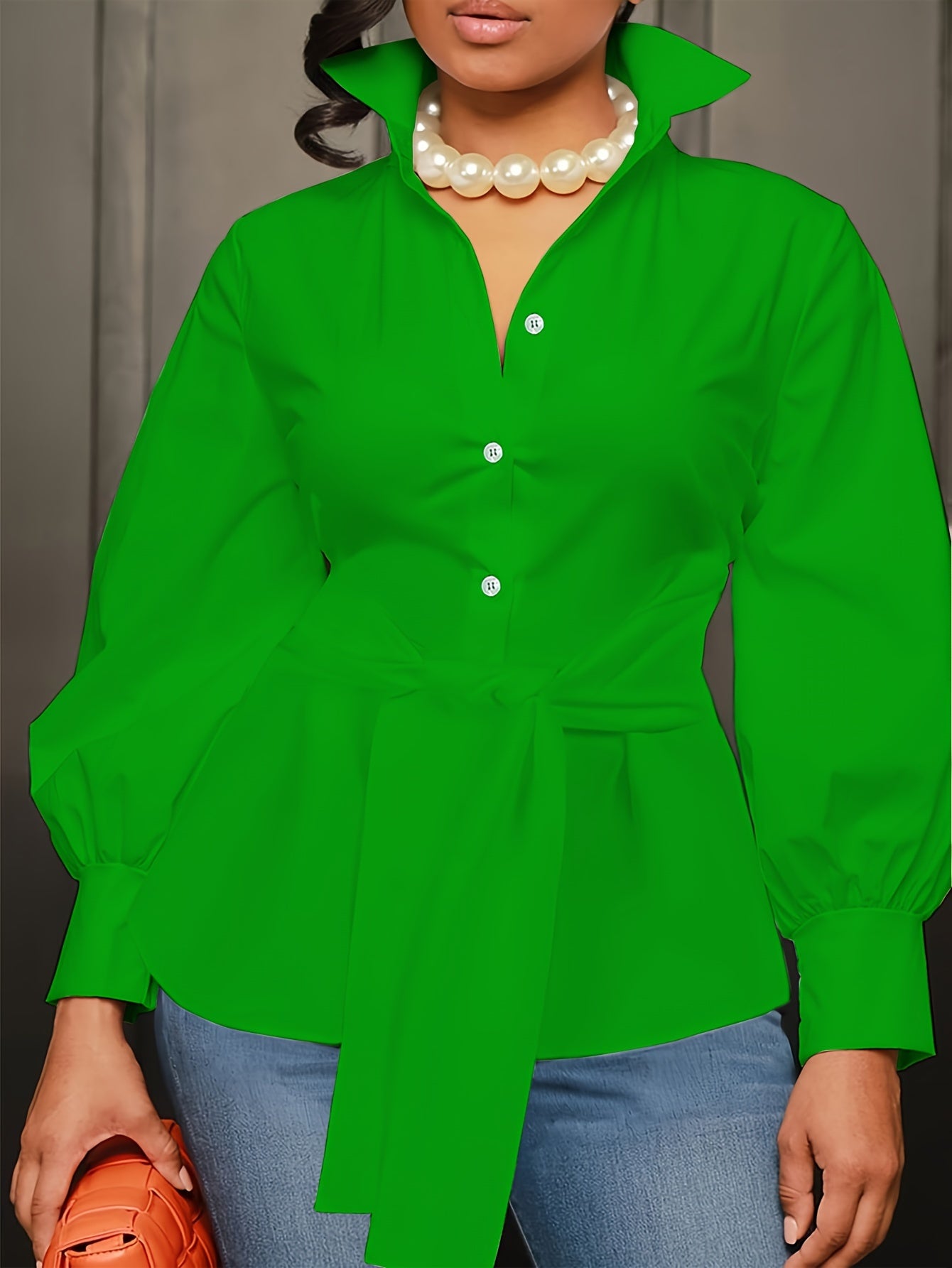 [Plus Size Solid Collar Shirt] Plus Size Solid Collared Shirt, Casual Long Sleeve Button Front Shirt, Women's Plus Size Clothing
