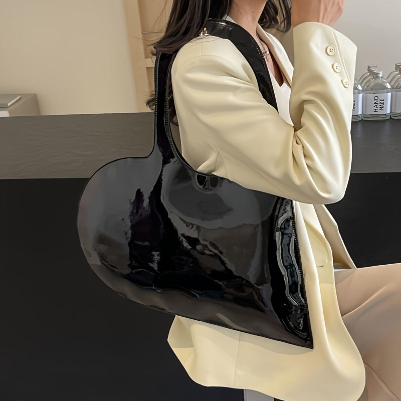 Fashionable Heart-Shaped Glossy PU Shoulder and Tote Bags for Women, Versatile for Travel, Shopping, and Everyday Use, Solid Color with Polyester Lining, Secure Buckle Closure