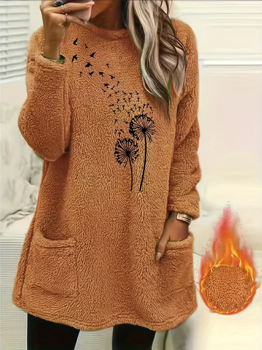 Women'S Cozy Fleece-Lined Long Sleeve Pullover Sweatshirt with Dandelion Print - Soft, Stretchy, and Casual Fall/Winter Wear, Orange, Round Neck, Regular Fit, Casual Wear|Dandelion Print Top|Stretchy Fabric, Women Jumper And