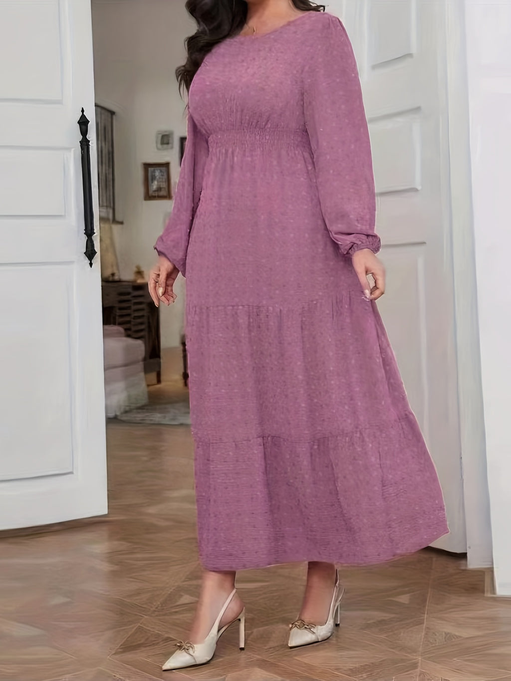 High Waist Tiered Dress, Elegant Solid Long Sleeve Maxi Dress, Women's Clothing