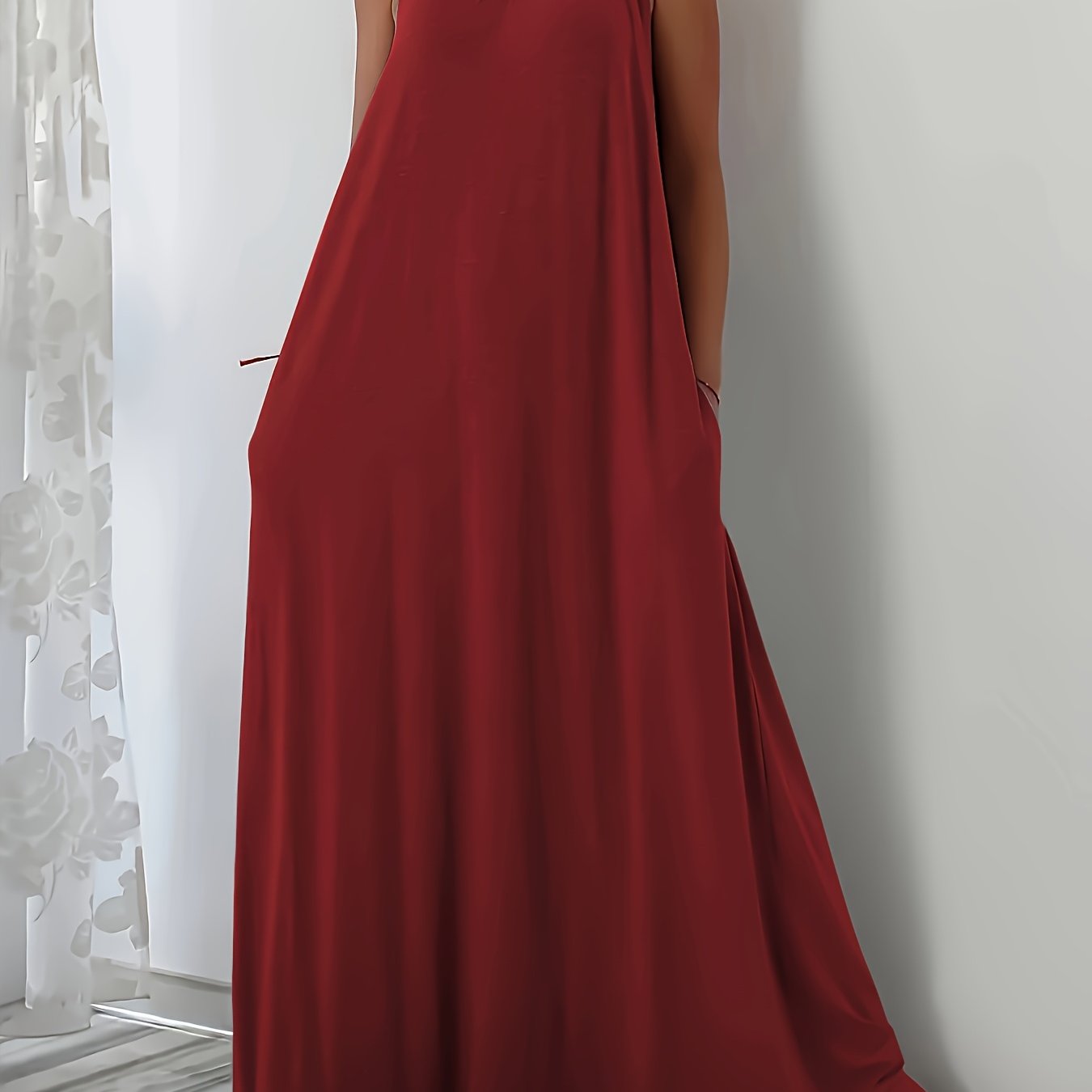 Plus Size Sleeveless Red Maxi Dress with Pockets - Elegant Square Neck, Loose Fit, Lightweight Fabric for Spring/Summer, Casual Weekend Attire, Casual Attire|Square Neckline|Stretchy Fabric