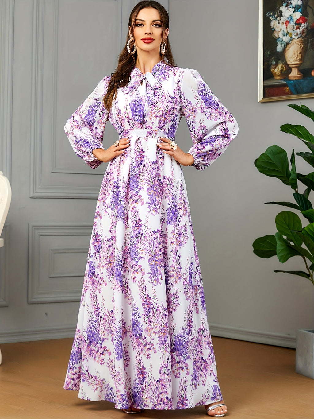 Ramadan Chic - Floral Print Tie Neck Kaftan Abayas - Adjustable Belted Maxi Dress with Full-Length Sleeves - Elegant Womens Ramadan Clothing