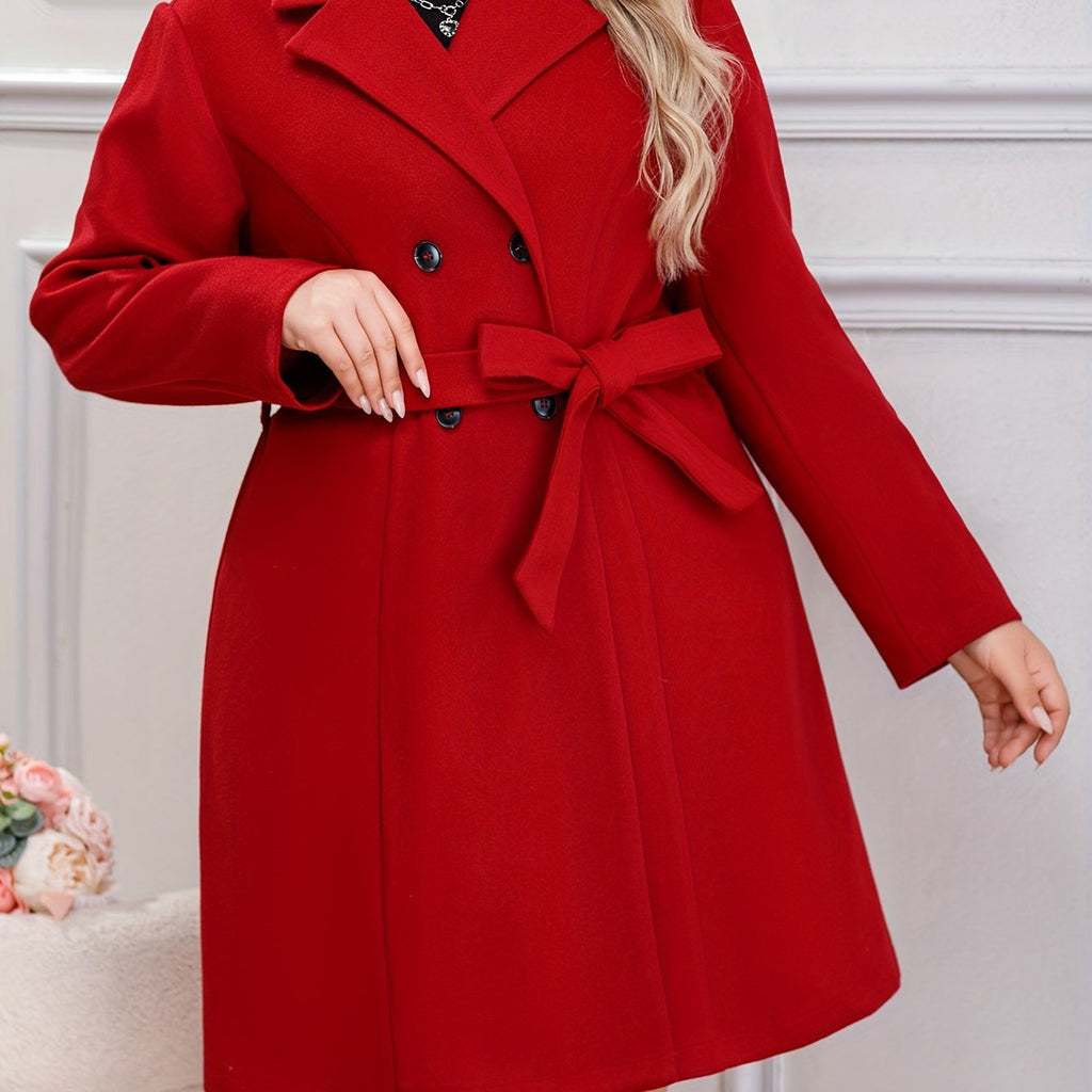 Plus Size Solid Color Double Breasted Overcoat, Elegant Lapel Neck Long Sleeve Outerwear For Fall & Winter, Women's Plus Size Clothing