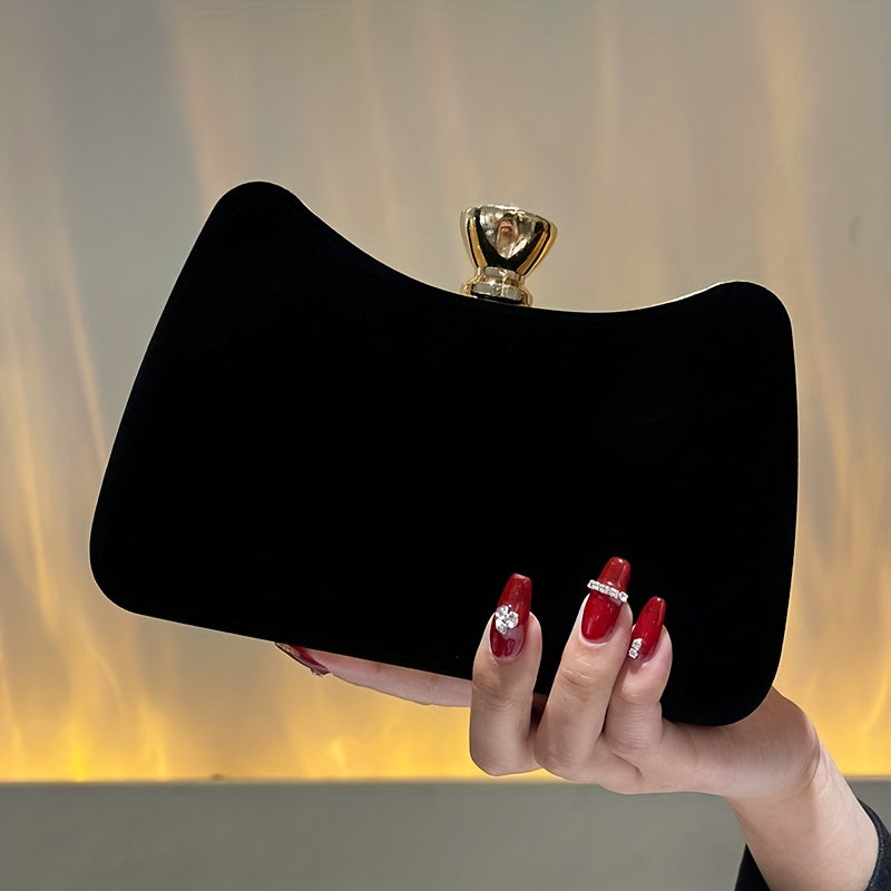 Women'S Elegant Black Luxury Evening Clutch Handbag with Golden-Tone Hardware - Structured Round Top & Chain Strap, Formal Party Purse for Special Occasions, Sophisticated Accessory, Golden-Tone Buckle Closure