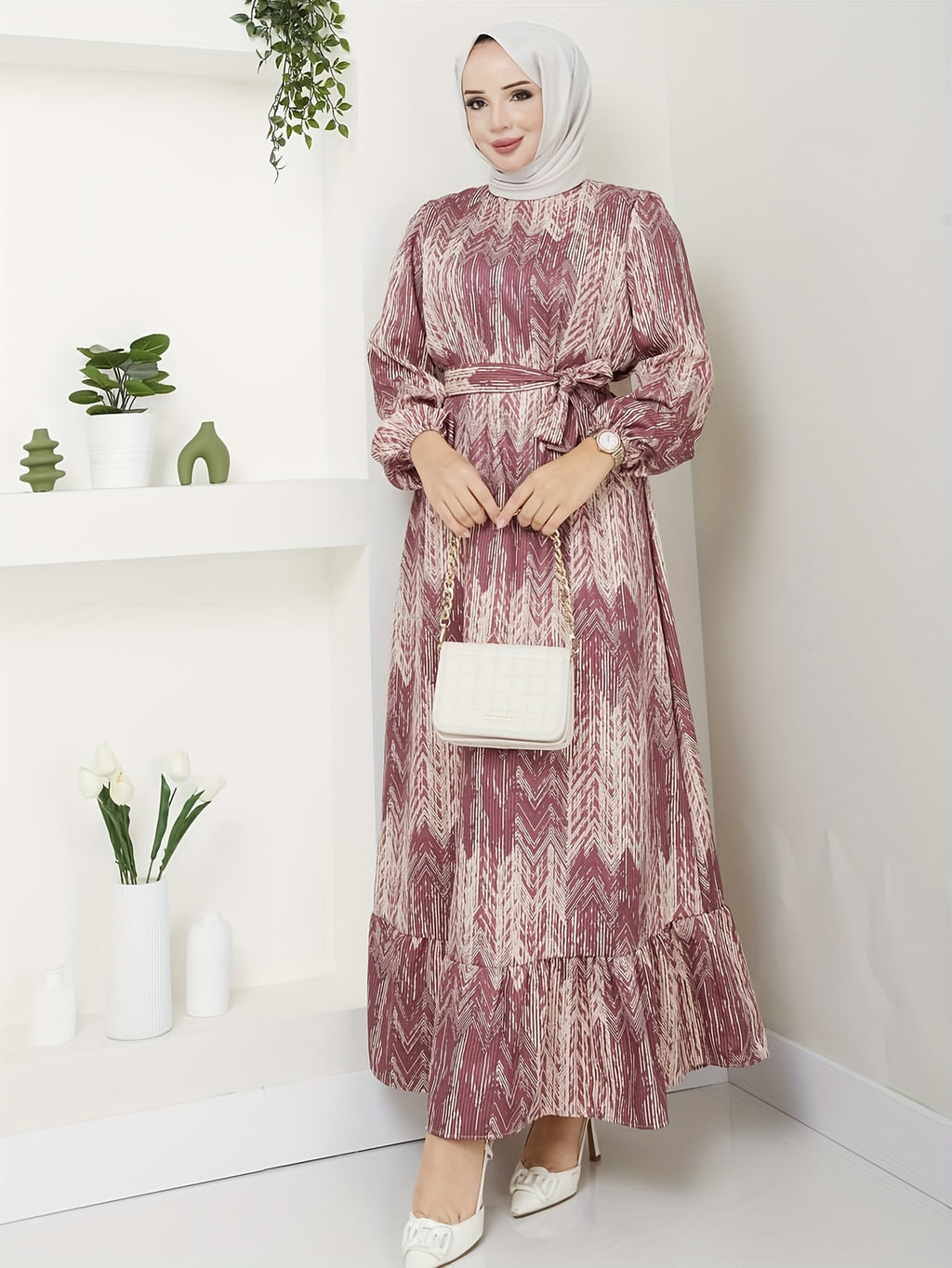 Elegant Floral Print Maxi Dress with Tie Waist - Crew Neck, Long Sleeve, Machine Washable - Perfect for All Seasons