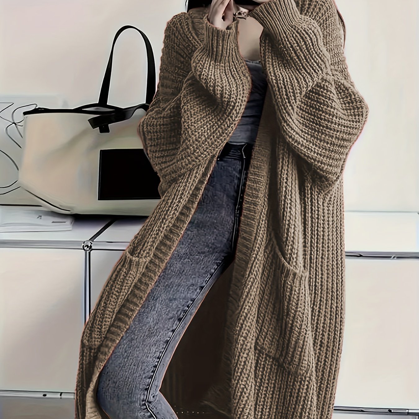 Plus Size Open Front Loose Knit Cardigan, Casual Long Sleeve Long Length Cardigan With Pocket, Women's Plus Size Clothing