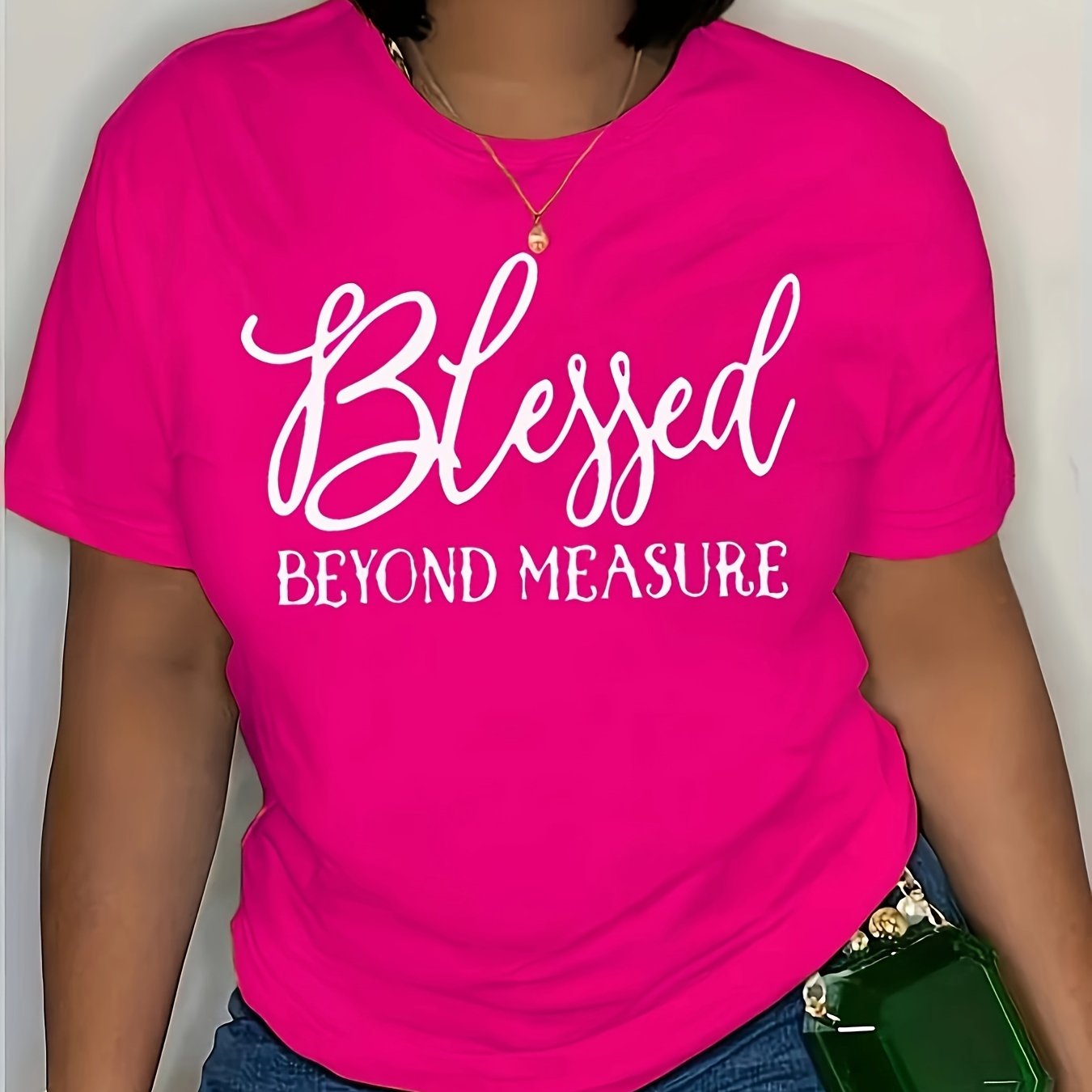 Plus Size Blessed Letter Print T-shirt, Short Sleeve Crew Neck Casual Top For Summer & Spring, Women's Plus Size Clothing