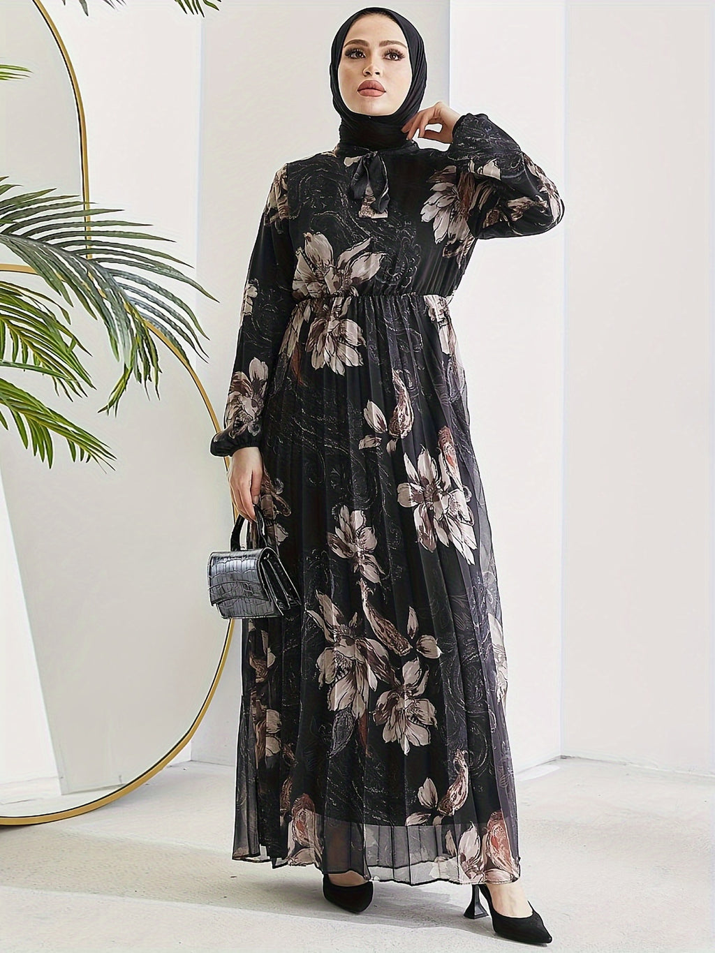 [Modest Kaftan Dress] Modest Long Sleeve Floral Print Kaftan Dress | Women's Pleated Flowy Maxi Dress, Clothing
