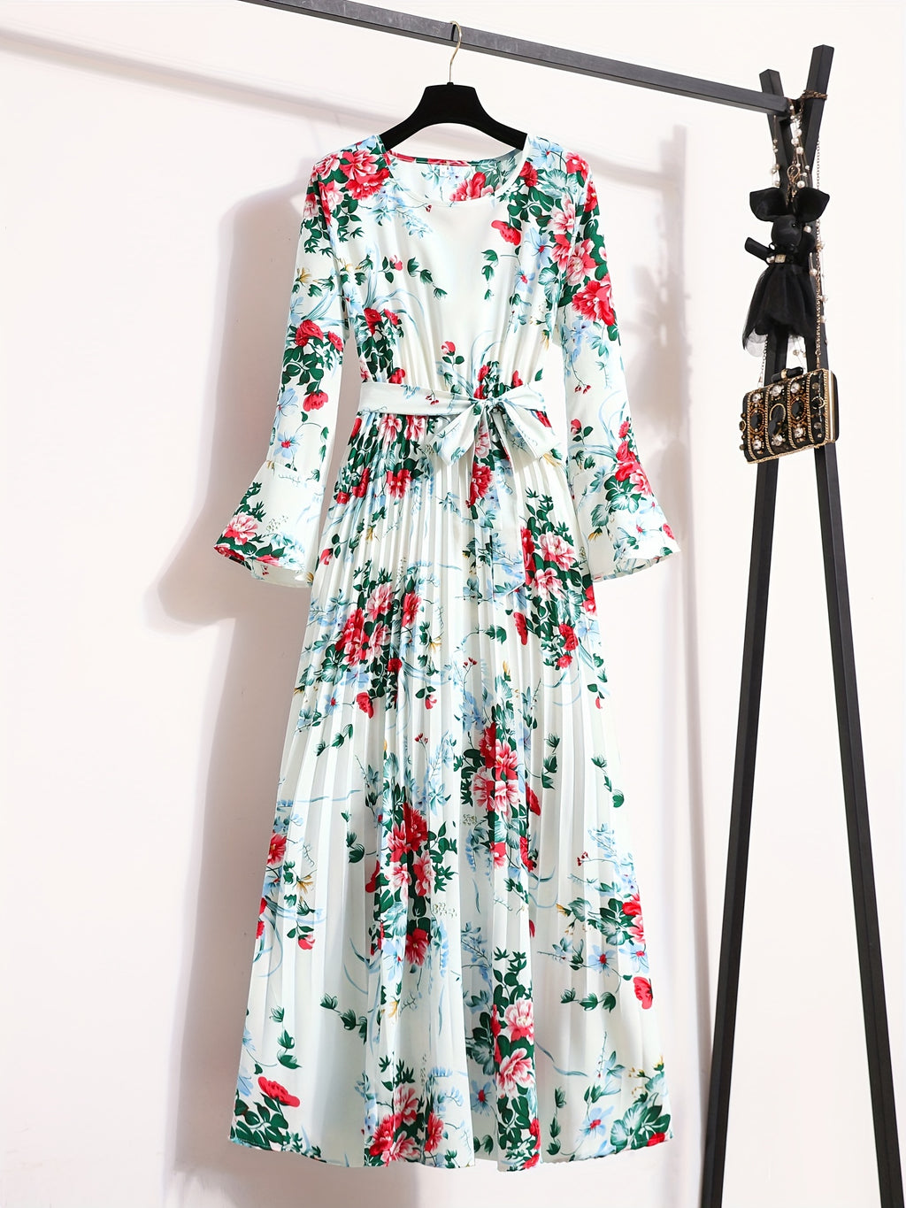 Floral Print Pleated Dress, Crew Neck Elegant Long Sleeve Maxi Dress, Women's Clothing