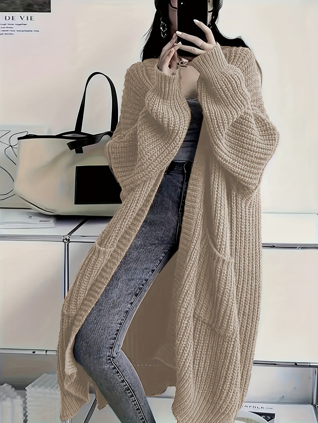 Plus Size Open Front Loose Knit Cardigan, Casual Long Sleeve Long Length Cardigan With Pocket, Women's Plus Size Clothing