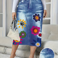 Plus Size Faux Denim Floral Print Skirt, Casual High Waist Midi Skirt For Spring & Summer, Women's Plus Size Clothing