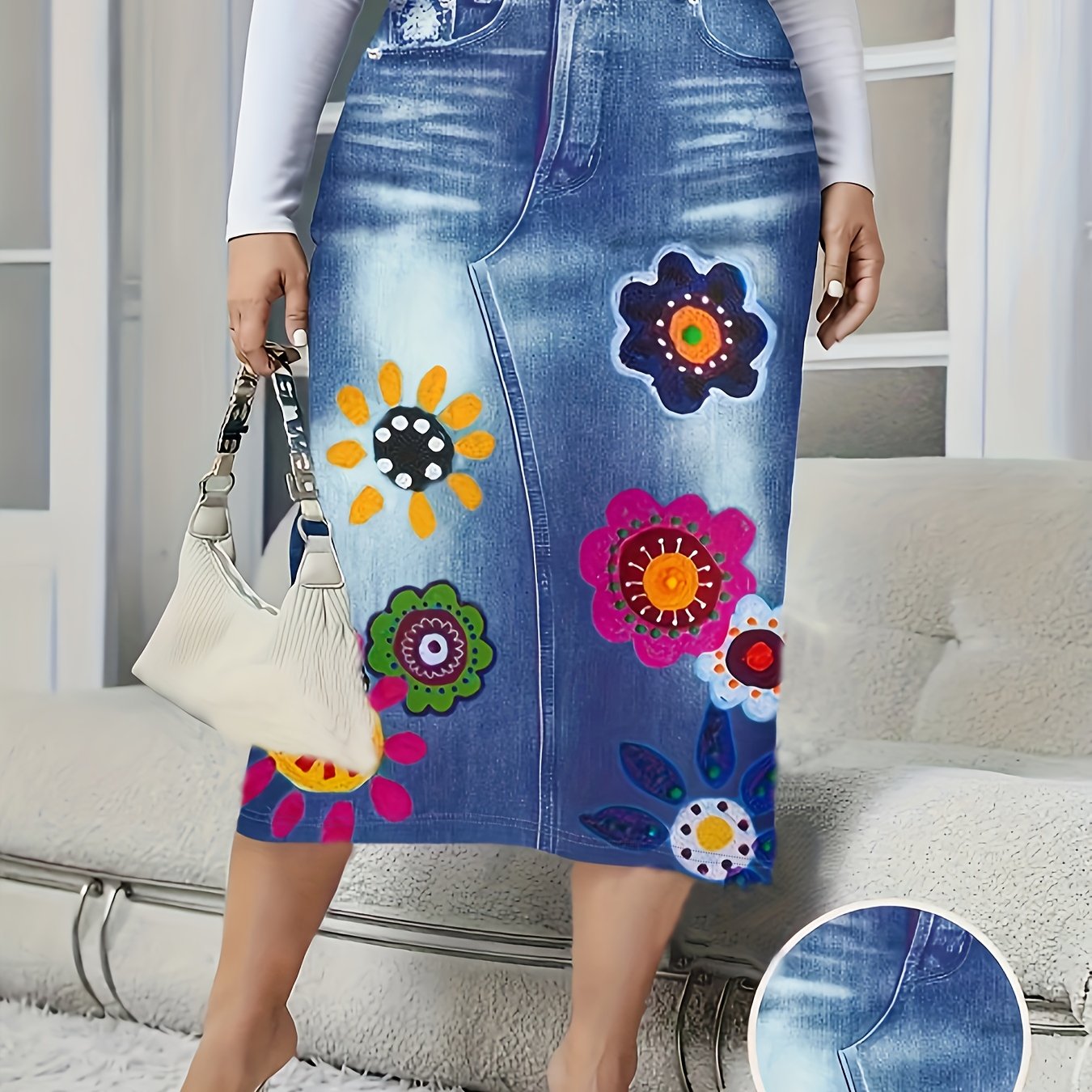 Plus Size Faux Denim Floral Print Skirt, Casual High Waist Midi Skirt For Spring & Summer, Women's Plus Size Clothing